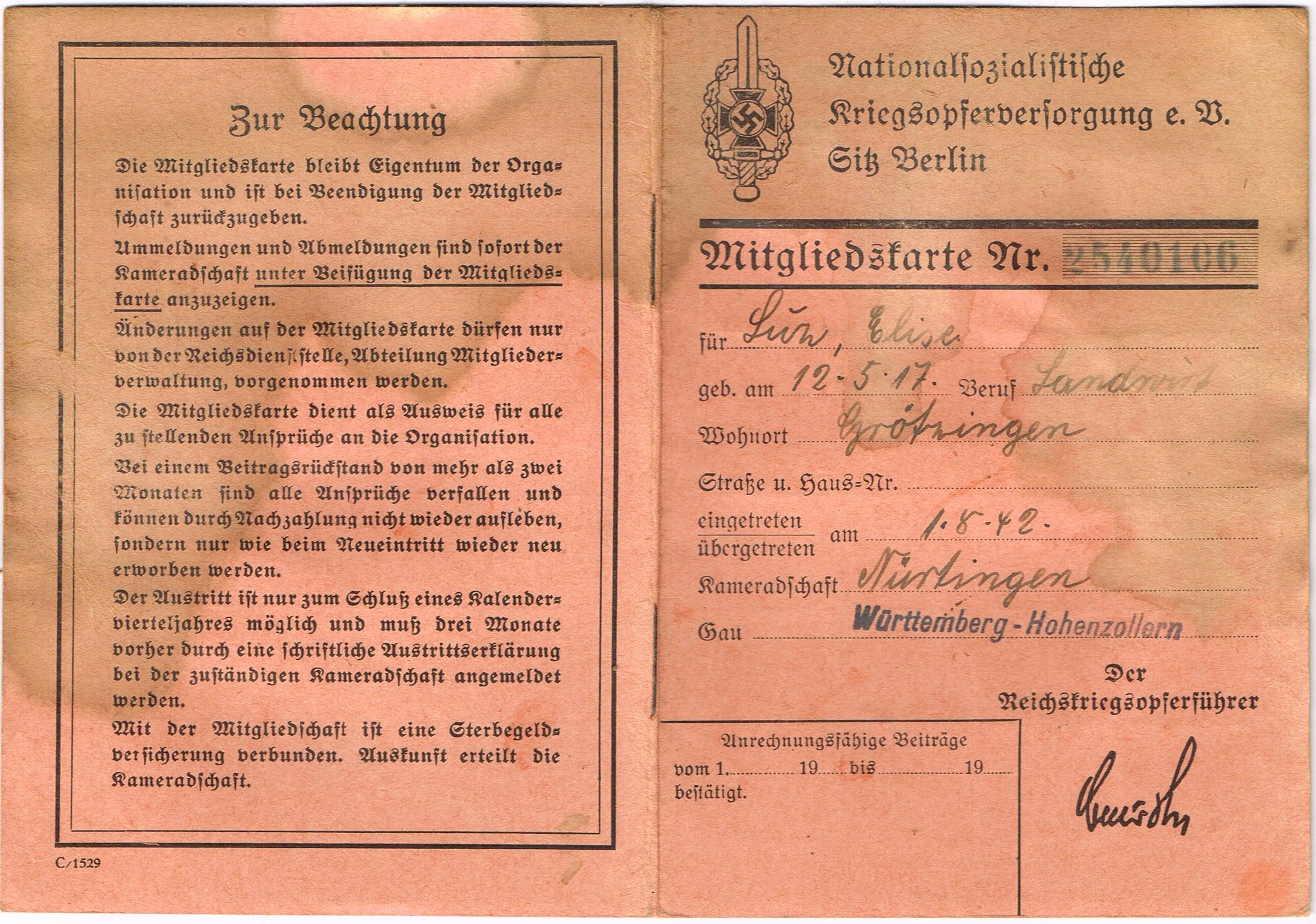 NSKOV Mitgliedskarte Nr. 2540106